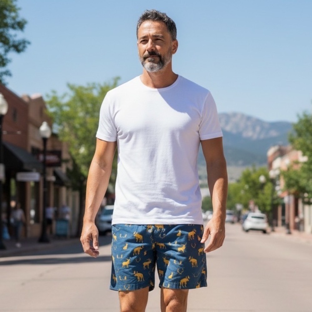 Chubbies The Weekend Mens XL Navy Blue Yellow Moose Antler Print 7 Inseam Shorts